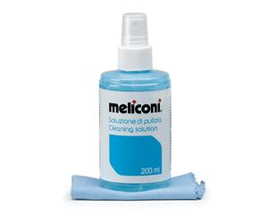 KIT DI PULIZIA MELICONI C200, soluzione Detergente 200 ml con Panno Microfibra 20 x cm, Ideale per TV e apparecchiature elettroniche