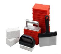 Kit di pulizia per piastra da 26 pezzi per griglia piatta, raschietto in acciaio inox resistente con manico resistente al calore, pietra per pulizia profonda e cuscinetti per barbecue all'aperto e