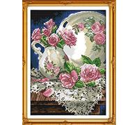 Kit di ricamo a punto croce fai-da-te prestampato 11CT, linea completa di kit di partenza per principianti - Vaso e rosa 27 x 39 cm