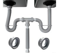 Kit di scarico doppio per lavello regolabile, flessibile, trappola a P da 1-1/2 e 1-1/4", tubi estensibili da 20 a 80 cm, in plastica grigia, set idraulico