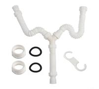Kit di scarico per lavello doppio, regolabile, trappola a P estensibile da 20 a 80 cm, con adattatori G1-1/2 e G1-1/4, impianto idraulico flessibile in PE bianco per bagno e