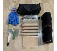 Kit di strumenti per la lavorazione della pietra focaia, 12 pezzi, in ossidiana, con manici in legno di faggio e cuscinetto in pelle bovina, per professionisti e principianti