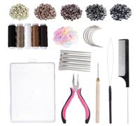Kit di strumenti per l'estensione dei capelli con custodia per riporre 500 perline ad anello in silicone, 1 plier, 1 filo, 1 gancio a crochet, 10 ciocche per capelli curve, 5 clip per capelli, 5 fili