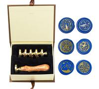 Kit di timbri con sigillo di cera, ANBOSE Set di timbri con sigillo di cera animale con 6 teste in ottone rimovibili e 1 manico in legno, timbro di ceralacca balena per inviti di carte