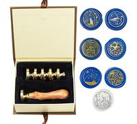 Kit di timbri con sigillo di cera, ANBOSE Set di timbri con sigillo di cera per animali con 7 teste in ottone rimovibili e 1 manico in legno, timbro di ceralacca di lupo gatto per inviti di carte