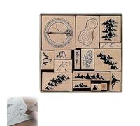 Kit di timbri per la creazione di mappe fatte a mano, kit di timbri per la creazione di mappe, 16 pezzi vintage in legno, timbri in gomma per la creazione di biglietti, montagne, fiumi, foreste,
