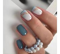 Kit di unghie corte a pressione di ispirazione marina, con sfumatura di glitter blu e oro - 24 strisce in gel semi-indurito in ABS, copertura completa per eleganti occasioni quotidiane, finitura