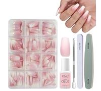 Kit di unghie finte con colla, 240 unghie finte rosa sfumate naturali, punte in acrilico rosa, 12 misure lucide, copertura completa per donne e ragazze, per nail art rosa sfumato bara lunghe