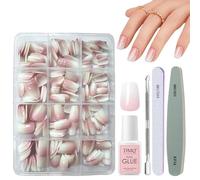 Kit di unghie finte con colla, 240 unghie finte rosa sfumate naturali, punte in acrilico rosa, 12 misure lucide, copertura completa per donne e ragazze, per nail art, colore rosa sfumato
