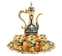 Kit di Vasi da Vino, 8 Pezzi Set da Servizio per Acqua in Metallo Turco Vintage Incluso 1 Vaso da Vino, 6 Bicchieri da Vino, 1 Vassoio, Set da tè Dorato per Bar di Casa, Tea Party, Ornamenti (Blu)