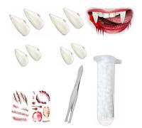 Kit di zanne da Vampiro Halloween,4 Paia Zanne dei Denti del Vampiro,4 Dimensioni Denti Finti da Vampiro,con 1 Tubo di granuli Adesivi e 2 Fogli Tatuaggi Halloween,per Feste Cosplay,13/15/ 17/19 mm