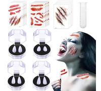 Kit di Zanne da Vampiro Halloween, 4 Paia Zanne di Denti da Vampiro con 1 Tubo Adesivo per Pellet di Denti,15 Tatuaggi di Halloween,Costumi di Halloween Tatuaggi di Zombi per Cosplay Party Puntelli