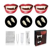 Kit di zanne da vampiro in 3 misure, dentiere finte con 1 tubo adesivo per pellet di denti, per cosplay, feste, Halloween, zanne
