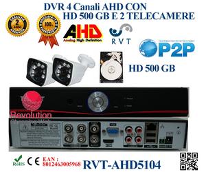 Kit DVR 4 Canali CON 2 TELECAMERE 6 LED ARRAY + HD 500GB P2P CLOUD PROFESSIONAL