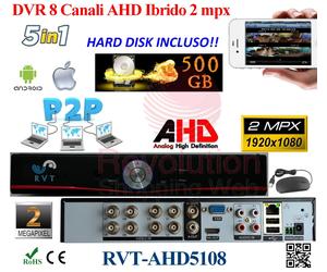 KIT Dvr 8 Canali H264 HDMI CON HARD DISK DA 500GB AHD HIBRYD iPhone Android P2P