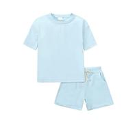 Kit e kit sportivo per ragazze a maniche corte, tinta unita, pantaloncini da jogging per bambini, Celeste., 8-9 Jahre