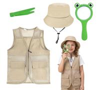 Kit Esploratore Bambini, Ragazzi e Ragazze Avventura Costume Safari Outfit Explorer Gilet e Cappello, Ingranditrice e Pincette per Adventure Kit Vecchi Scoperta All'aperto (Per 9-11 anni)