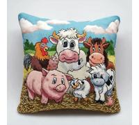 Kit fai da te per adulti, crea la tua federa per cuscino 43 x 43 cm, animale della fattoria felice, kit per la creazione di tappeti per principianti con tela, gancio e filo, regalo rilassante per