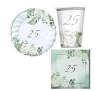 Kit Festa 25 Anni Tema Eucalipto Set Completo con Piatti, Bicchieri e Tovaglioli Eleganti per Celebrare Compleanni, Anniversari e Ogni Occasione Speciale - Varzi dal 1956 (Kit 18 persone)