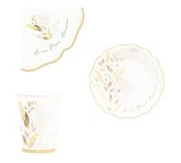 Kit Festa Coordinato Tavola Prima Comunione Compostabile, 32 Pezzi - 8 Piatti, 8 Bicchieri, 16 Tovaglioli con Calice e Spighe