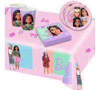 Kit Festa di Barbie per 8 persone, Set Stoviglie Decorazioni per Compleanno Bambina in Carta da Tavola, 8 piatti diam. 23 cm, 8 bicchieri 250 ml, 16 tovaglioli 33 x 33 cm, 1 tovaglia 120 x 180 cm