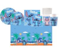 Kit Festa di compleanno a tema Stitch, da tavola (8 piatti 23cm, 8 piatti 20cm, 20 tovaglioli, 1 tovaglia, 8 bicchieri)