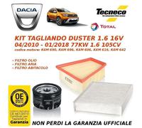KIT FILTRI TAGLIANDO DACIA DUSTER 1.6 BENZINA/4x4/GPL 105CV 77KW K4M 04/10>01/18