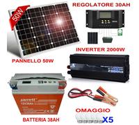 KIT FOTOVOLTAICO 1 KW PVM INVERTER 2000W PANNELLO SOLARE 50W BATTERIA 38AMP LED