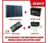 KIT FOTOVOLTAICO 1 KW PWM INVERTER 3000W PANNELLO SOLARE 50W BATTERIA 20AMP
