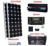 Kit Fotovoltaico 2 KW Pwm Inverter 2000W Pannello Solare 200W Batteria 120 Amp