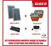 KIT FOTOVOLTAICO INVERTER 1000W 2X PANNELLI 100W 2X BATTERIE 38A CONTROLLER 30A