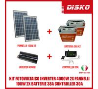 KIT FOTOVOLTAICO INVERTER 4000W 2X PANNELLI 100W 2X BATTERIE 38A CONTROLLER 30A