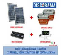 KIT FOTOVOLTAICO INVERTER 4000W 2X PANNELLI 100W 2X BATTERIE 38A CONTROLLER 30A