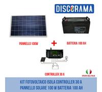 KIT FOTOVOLTAICO ISOLA CONTROLLER 30 A PANNELLO SOLARE 100W BATTERIA 100AH
