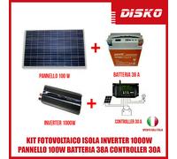 KIT FOTOVOLTAICO ISOLA INVERTER 1000W PANNELLO 100W BATTERIA 38A CONTROLLER 30A