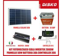 KIT FOTOVOLTAICO ISOLA INVERTER 2000W PANNELLO 50W BATTERIA 38A CONTROLLER 30A