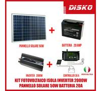 KIT FOTOVOLTAICO ISOLA INVERTER 2000W PANNELLO SOLARE 50W BATTERIA 20A