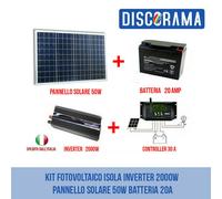 KIT FOTOVOLTAICO ISOLA INVERTER 2000W PANNELLO SOLARE 50W BATTERIA 20A