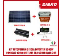 KIT FOTOVOLTAICO ISOLA INVERTER 5000W PANNELLO 100W BATTERIA 38A CONTROLLER 30A