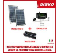 KIT FOTOVOLTAICO ISOLA SOLARE 12V INVERTER 2000W 2X PANNELLI 100W CONTROLLER 50A