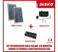 KIT FOTOVOLTAICO ISOLA SOLARE 12V INVERTER 2000W 2X PANNELLI 50W CONTROLLER 50A