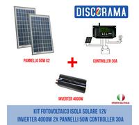 KIT FOTOVOLTAICO ISOLA SOLARE 12V INVERTER 4000W 2X PANNELLI 50W CONTROLLER 30A