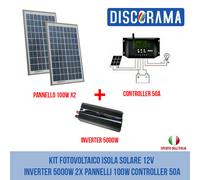 KIT FOTOVOLTAICO ISOLA SOLARE 12V INVERTER 5000W 2X PANNELLI 100W CONTROLLER 50A