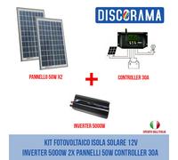 KIT FOTOVOLTAICO ISOLA SOLARE 12V INVERTER 5000W 2X PANNELLI 50W CONTROLLER 30A