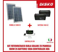 KIT FOTOVOLTAICO ISOLA SOLARE 2X PANNELLI 100W 2X BATTERIE 100A CONTROLLER 30A