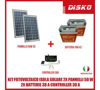 KIT FOTOVOLTAICO ISOLA SOLARE 2X PANNELLI 50 W 2X BATTERIE 38 A CONTROLLER 30 A