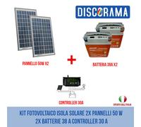 KIT FOTOVOLTAICO ISOLA SOLARE 2X PANNELLI 50 W 2X BATTERIE 38 A CONTROLLER 30 A