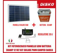 KIT FOTOVOLTAICO PANNELLO 50W BATTERIA 38AMP 12 VLT KIT SOLARE PWM CAMPER BARCA