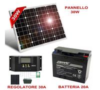 KIT FOTOVOLTAICO PANNELLO SOLARE SILICIO 30W BATTERIA 12V 20AMP REGOLATORE 30A
