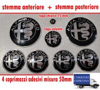 KIT FREGIO STEMMA ALFA ROMEO GIULIETTA MITO 147 156 GT LOGO NERO SILVER 8 PEZZI